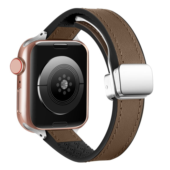 For Apple Watch Ultra 2 49mm Magnetic Folding Leather Silicone Watch Band(Dark Brown)
