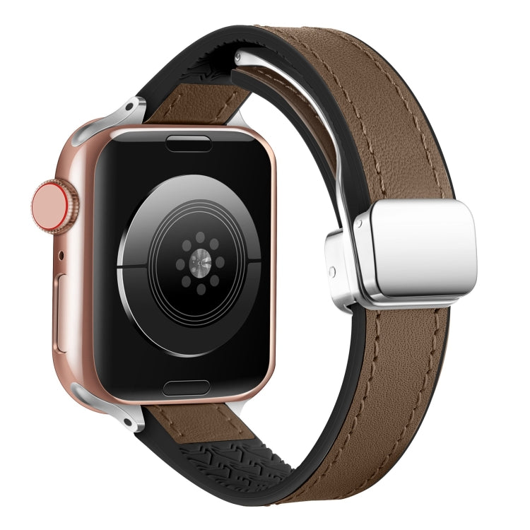 For Apple Watch Ultra 2 49mm Magnetic Folding Leather Silicone Watch Band(Dark Brown)