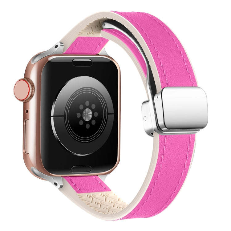 For Apple Watch Ultra 49mm Magnetic Folding Leather Silicone Watch Band(Rose Red)