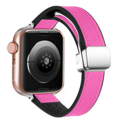 For Apple Watch Ultra 49mm Magnetic Folding Leather Silicone Watch Band(Rose Pink on Black)