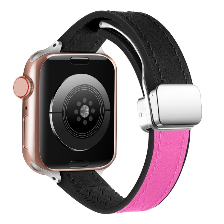 For Apple Watch Ultra 49mm Magnetic Folding Leather Silicone Watch Band(Black Rose Red)