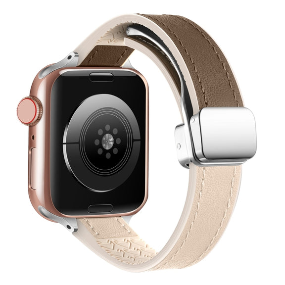For Apple Watch Ultra 49mm Magnetic Folding Leather Silicone Watch Band(Apricot Brown)