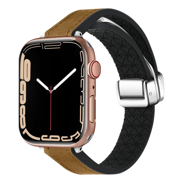 For Apple Watch Series 8 41mm Magnetic Folding Leather Silicone Watch Band(Crazy Horse Brown) - Watch Bands by PMC TechLife | Online Shopping South Africa | PMC TechLife