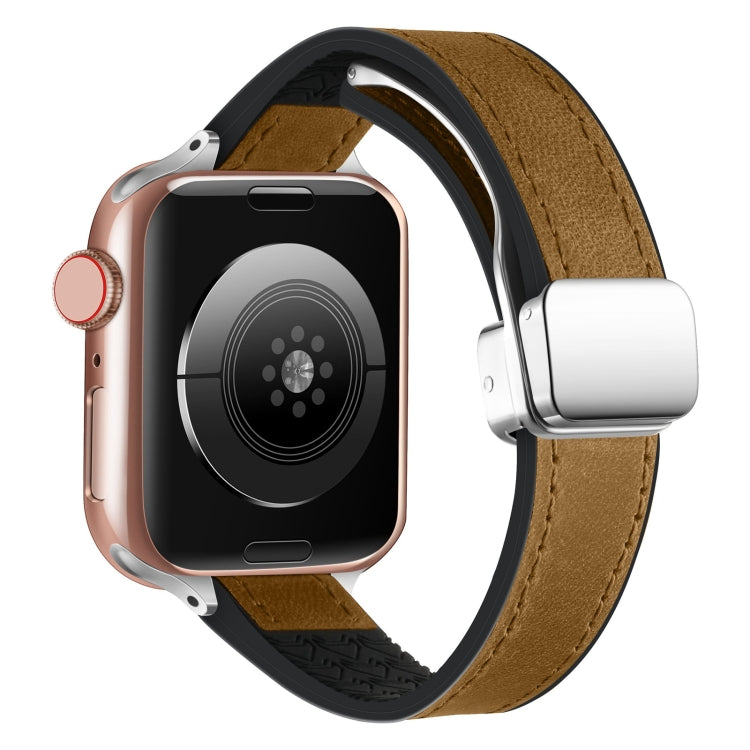 For Apple Watch Series 8 45mm Magnetic Folding Leather Silicone Watch Band(Crazy Horse Brown) - Watch Bands by PMC TechLife | Online Shopping South Africa | PMC TechLife