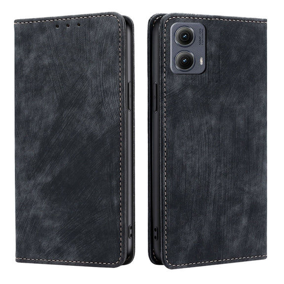 For Motorola Edge 5G 2024 RFID Anti-theft Brush Magnetic Leather Phone Case(Black)