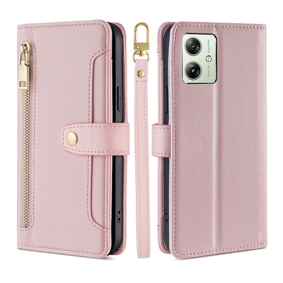 For Motorola Moto G54 5G EU Edition Lite Sheep Texture Cross-body Zipper Wallet Leather Phone Case(Pink)