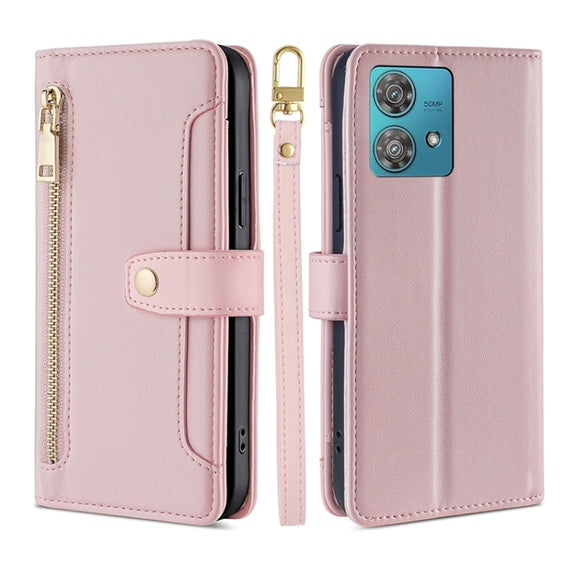 For Motorola Edge 40 Neo 5G Lite Sheep Texture Cross-body Zipper Wallet Leather Phone Case(Pink)