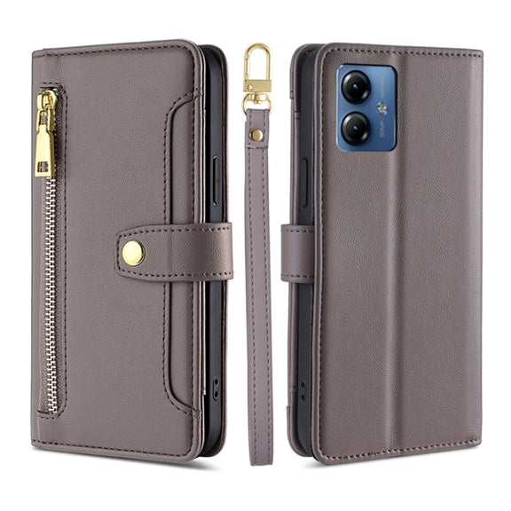 For Motorola Moto G14 4G Lite Sheep Texture Cross-body Zipper Wallet Leather Phone Case(Grey)