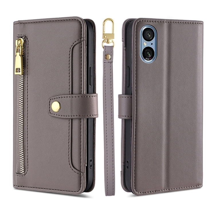 For Sony Xperia 5 V Lite Sheep Texture Cross-body Zipper Wallet Leather Phone Case(Grey) - Sony Cases by PMC TechLife | Online Shopping South Africa | PMC TechLife | Buy Now Pay Later Mobicred