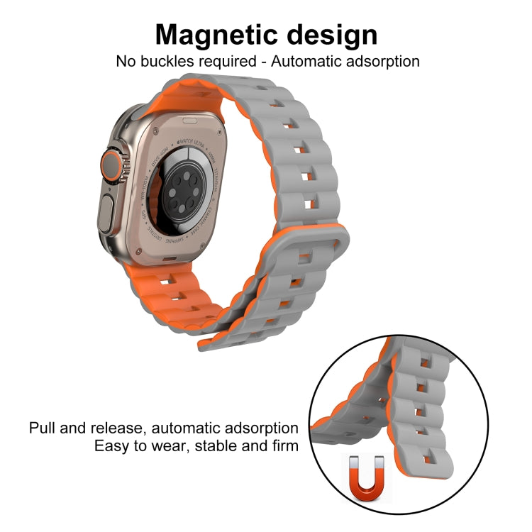 For Apple Watch SE 2023 44mm Reverse Buckle Two Color Magnetic Silicone Watch Band(Grey+Orange)