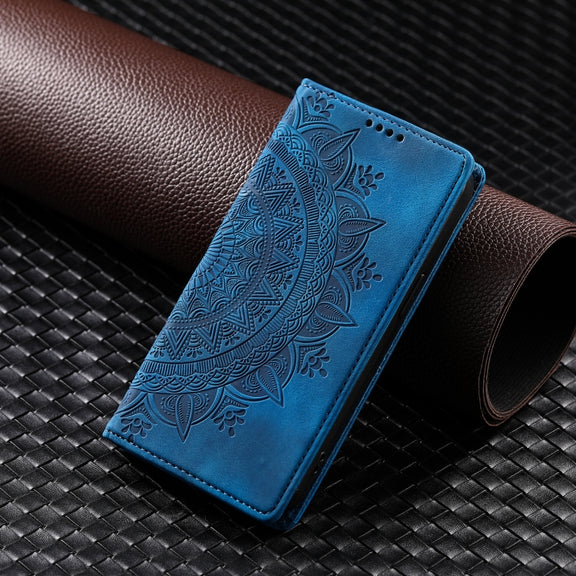 For iPhone 16 Plus Totem Embossed Magnetic Leather Phone Case(Blue)