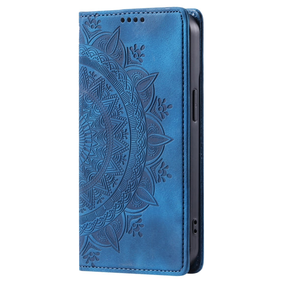 For iPhone 16 Plus Totem Embossed Magnetic Leather Phone Case(Blue)