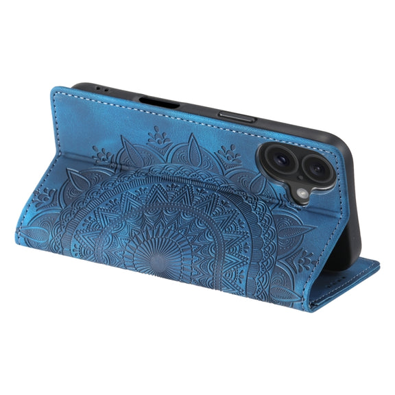 For iPhone 16 Plus Totem Embossed Magnetic Leather Phone Case(Blue)