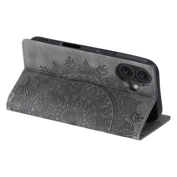 For iPhone 16 Plus Totem Embossed Magnetic Leather Phone Case(Grey)
