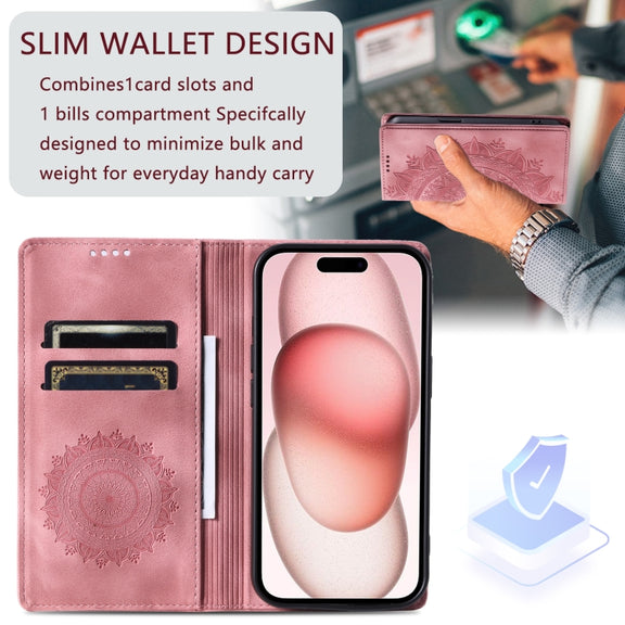 For iPhone 16 Totem Embossed Magnetic Leather Phone Case(Rose Gold)