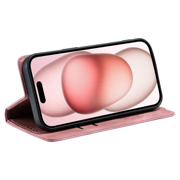 For iPhone 16 Totem Embossed Magnetic Leather Phone Case(Rose Gold)