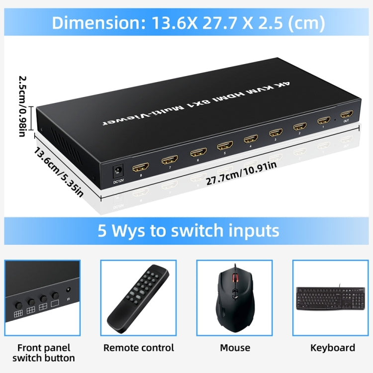 NK-E80 4K 30Hz 8 In 1 Out HDMI 8-way Screen Splitter KVM Switch(UK Plug)