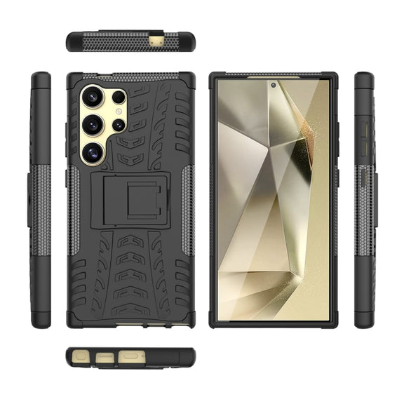 For Samsung Galaxy S24 Ultra 5G Tire Texture TPU + PC Phone Case with Holder(Black)