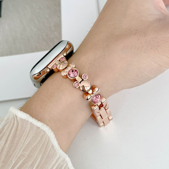 For Apple Watch Series 8 45mm Metal Diamond Bear Chain Watch Band(Rose Gold)