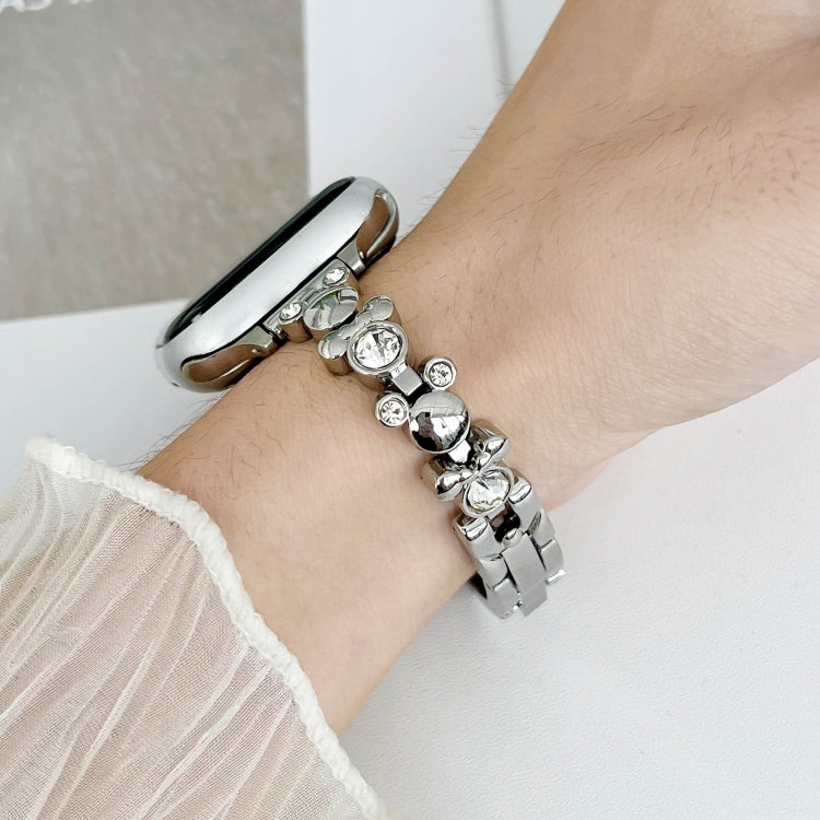 For Apple Watch 42mm Metal Diamond Bear Chain Watch Band(Silver)