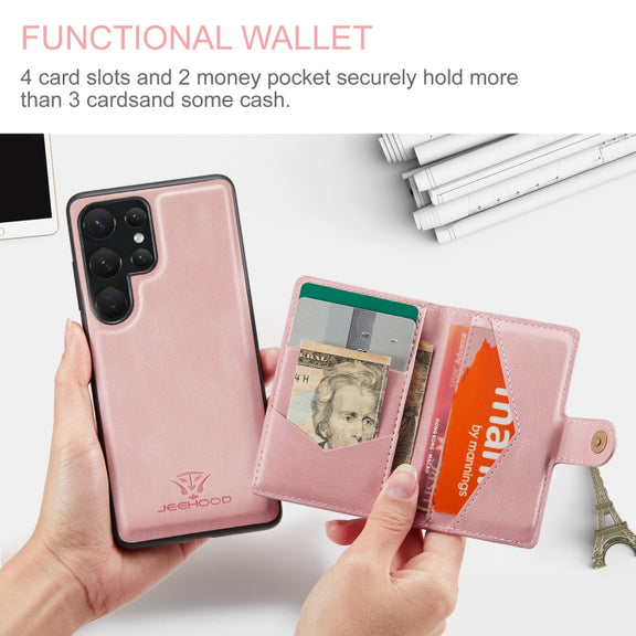 For Samsung Galaxy S24 Ultra 5G JEEHOOD J01 Retro Magnetic Detachable Wallet Phone Case(Pink)