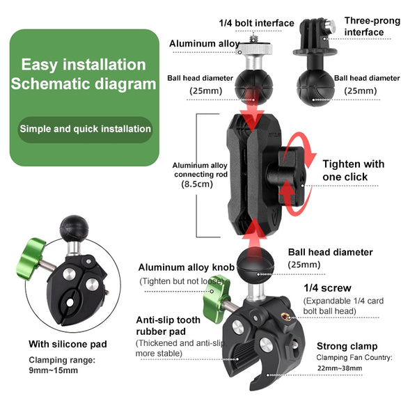 RUIGPRO Crab Clamp Action Camera Bracket 1/4 Ball Head Mount with Rod