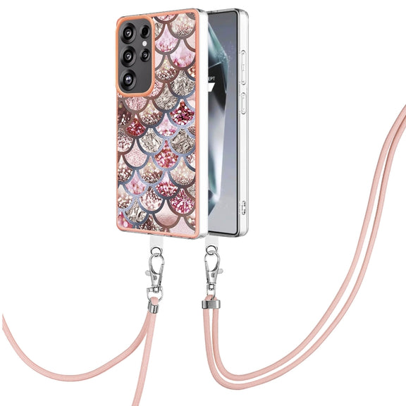For Samsung Galaxy S25 Ultra 5G Electroplating Pattern IMD TPU Shockproof Case with Neck Lanyard(Pink Scales)