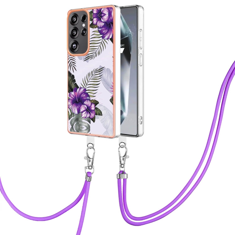 For Samsung Galaxy S25 Ultra 5G Electroplating Pattern IMD TPU Shockproof Case with Neck Lanyard(Purple Flower) - free shipping - PMC Jewellery - Order now!