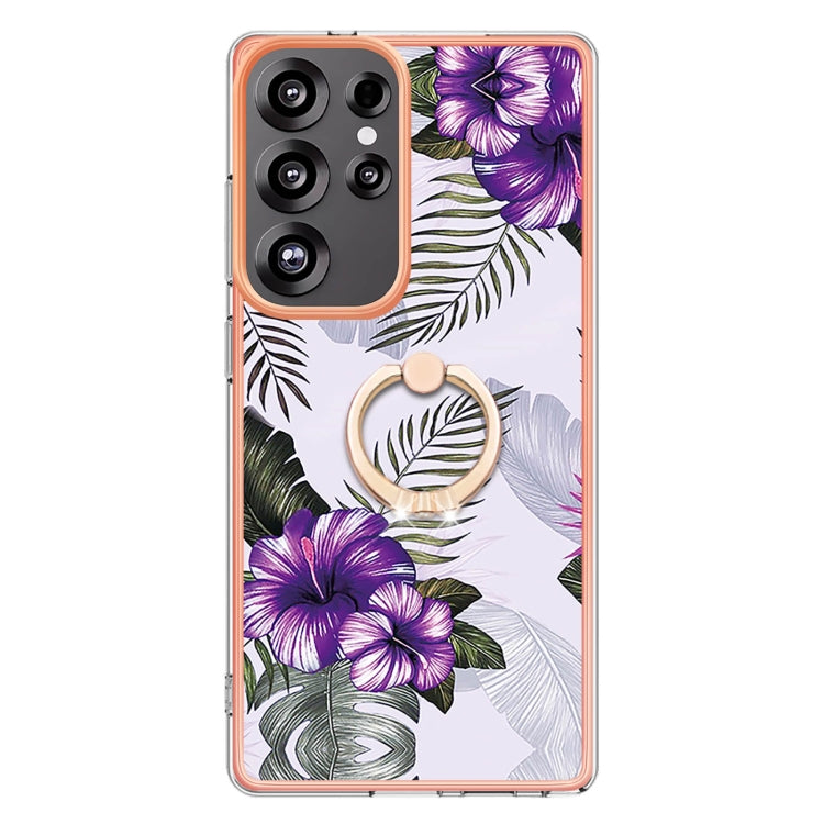 For Samsung Galaxy S25 Ultra 5G Electroplating Pattern IMD TPU Shockproof Case with Rhinestone Ring Holder(Purple Flower) - Galaxy S25 Ultra 5G Cases by PMC Jewellery | Online Shopping South Africa | PMC Jewellery | Buy Now Pay Later Mobicred