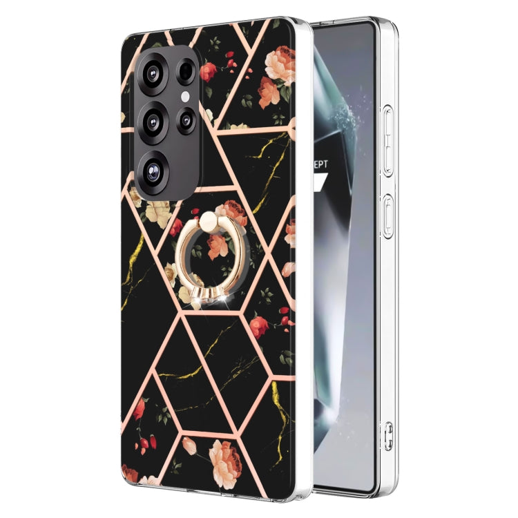 For Samsung Galaxy S25 Ultra 5G Electroplating Splicing Marble Flower Pattern TPU Shockproof Case with Rhinestone Ring Holder(Black Flower) - free shipping - PMC TechLife - Order now!