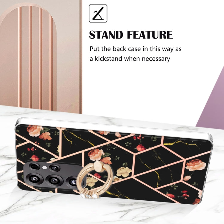 For Samsung Galaxy S25 Ultra 5G Electroplating Splicing Marble Flower Pattern TPU Shockproof Case with Rhinestone Ring Holder(Black Flower) - free shipping - PMC TechLife - Order now!