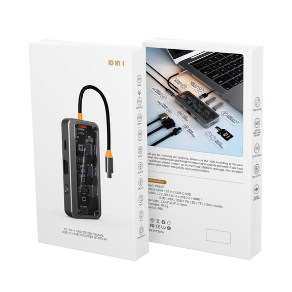 SW10V 10 in 1 Type-C to USB + HDMI + VGA + RJ45 + SD/TF + Audio 3.5 HUB Docking Station(Grey)