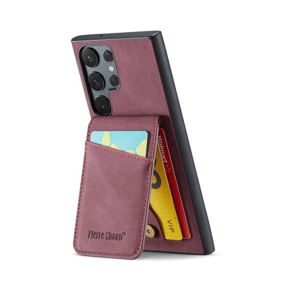 For Samsung Galaxy S24 Ultra 5G Fierre Shann Crazy Horse Card Holder Back Cover PU Phone Case(Wine Red)