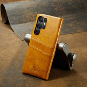 For Samsung Galaxy S24 Ultra 5G Fierre Shann Oil Wax Texture Leather Phone Case with Card Slots(Yellow)
