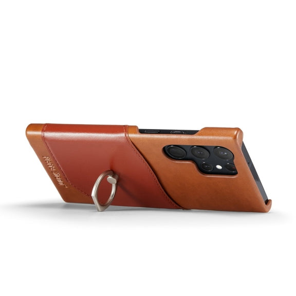 For Samsung Galaxy S24 Ultra 5G Fierre Shann Oil Wax Texture Genuine Leather Back Phone Case(Brown)
