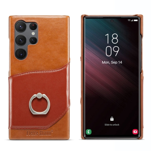 For Samsung Galaxy S24 Ultra 5G Fierre Shann Oil Wax Texture Genuine Leather Back Phone Case(Brown)