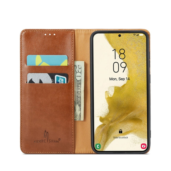 For Samsung Galaxy S24+ 5G Fierre Shann PU Genuine Leather Texture Phone Case(Brown)