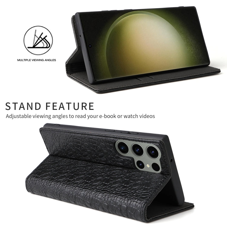 For Samsung Galaxy S24 Ultra 5G Fierre Shann Crocodile Texture Magnetic Genuine Leather Phone Case(Black)