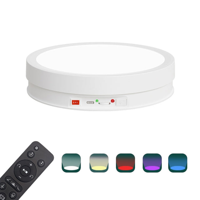22cm Colorful LED Light Electric Rotating Display Stand Turntable, Style:Battery Charging(White)