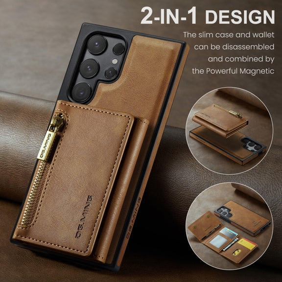For Samsung Galaxy S24 Ultra 5G DG.MING M5 Series Zip RFID Multi Card Detachable Leather Phone Case(Brown)