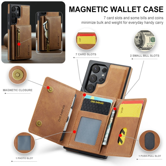 For Samsung Galaxy S24 Ultra 5G DG.MING M5 Series Zip RFID Multi Card Detachable Leather Phone Case(Brown)