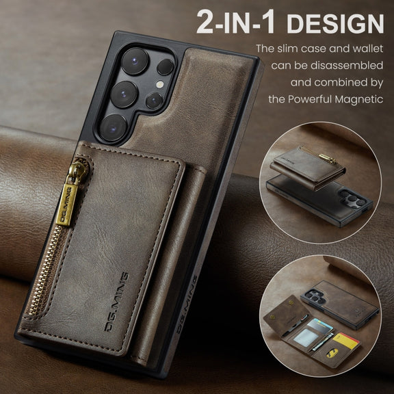 For Samsung Galaxy S24 Ultra 5G DG.MING M5 Series Zip RFID Multi Card Detachable Leather Phone Case(Coffee)