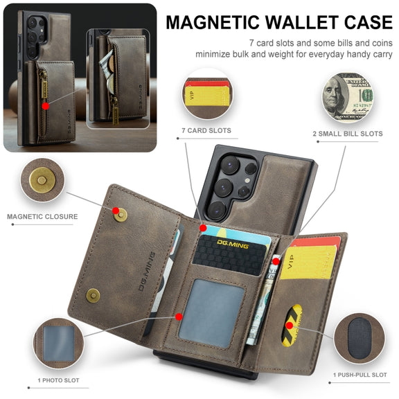 For Samsung Galaxy S24 Ultra 5G DG.MING M5 Series Zip RFID Multi Card Detachable Leather Phone Case(Coffee)