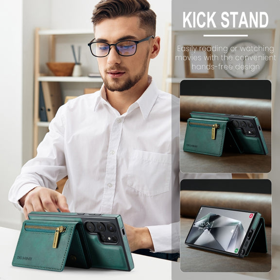 For Samsung Galaxy S24 Ultra 5G DG.MING M5 Series Zip RFID Multi Card Detachable Leather Phone Case(Green)