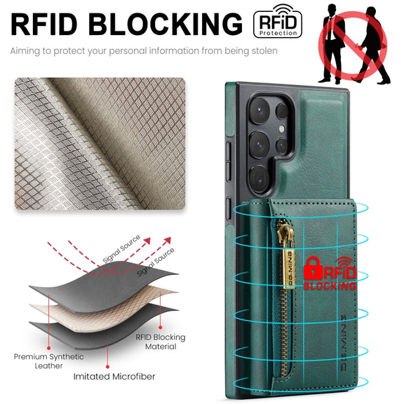 For Samsung Galaxy S24 Ultra 5G DG.MING M5 Series Zip RFID Multi Card Detachable Leather Phone Case(Green)