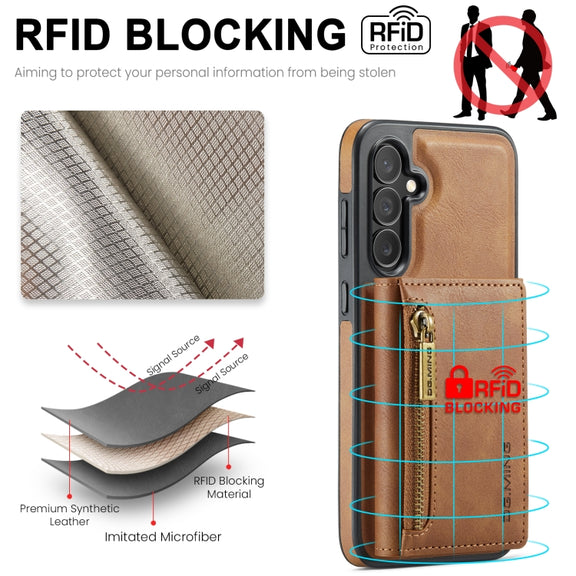 For Samsung Galaxy S24 5G DG.MING M5 Series Zip RFID Multi Card Detachable Leather Phone Case(Brown)