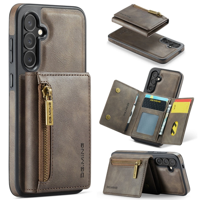 For Samsung Galaxy S24 FE 5G DG.MING M5 Series Zip RFID Multi Card Detachable Leather Phone Case(Coffee)