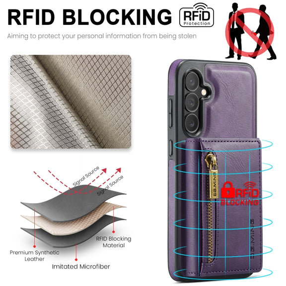 For Samsung Galaxy S24 FE 5G DG.MING M5 Series Zip RFID Multi Card Detachable Leather Phone Case(Purple)