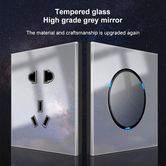 86mm Round LED Tempered Glass Switch Panel, Gray Round Glass, Style:Four Open Dual Control