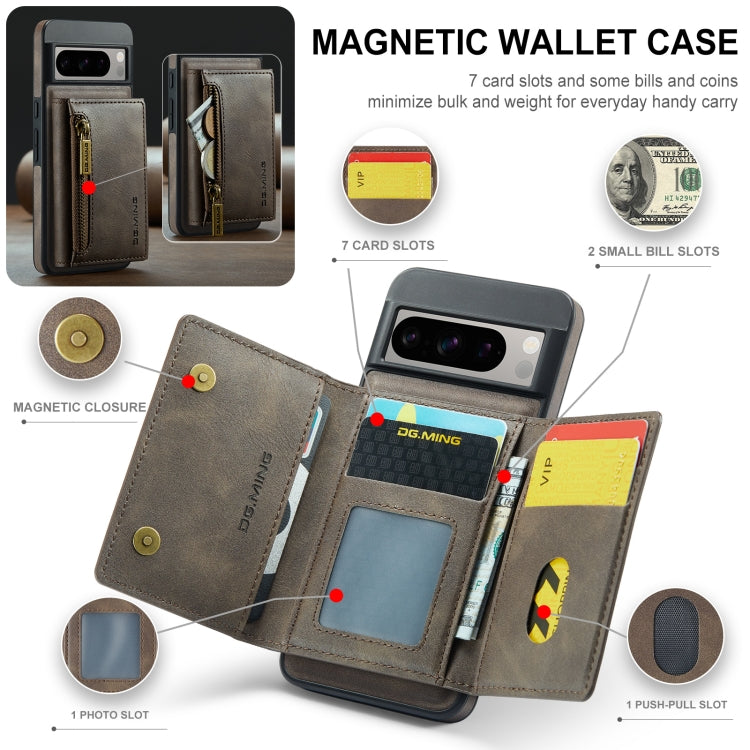 For Google Pixel 8 Pro DG.MING M5 Series Zip RFID Multi Card Detachable Leather Phone Case(Coffee) - free shipping - PMC TechLife - Order now!